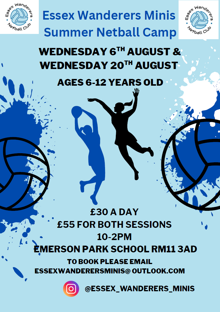Essex Wanderers Mini Netball Camps - book your spaces now for Wednesday 6th &amp; 20th August at Emerson Park School