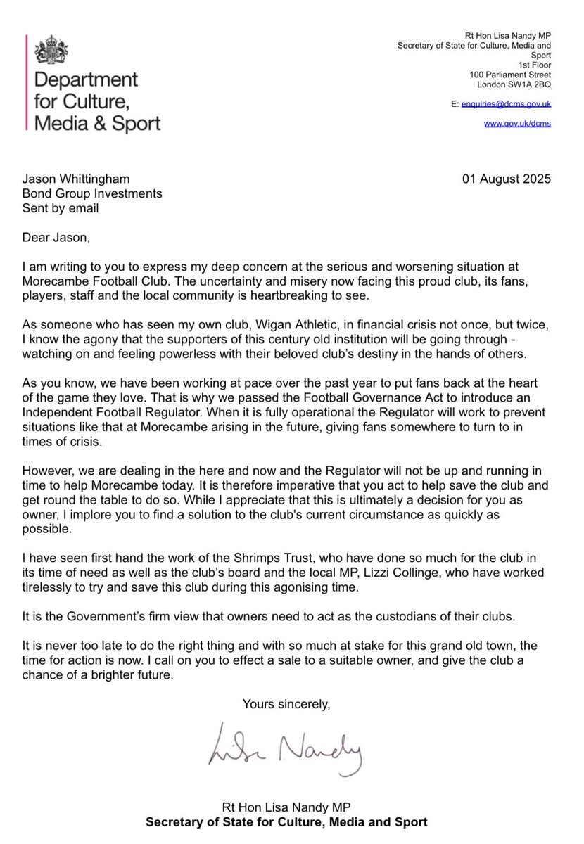 The situation at Morecambe FC is critical. 

Fans, players, staff and the town deserve so much better. 

Today I have written to the club’s owner urging them to take immediate action to protect this proud club.