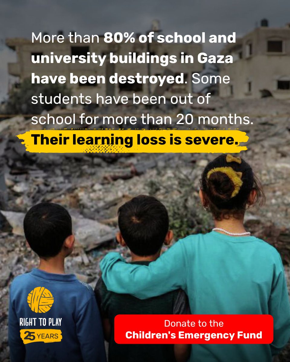 Children in Gaza and the West Bank urgently need educational support. Hundreds of thousands of children are out of school, some of them for more than 20 months. 
Donate to the Children’s Emergency Fund to support children: righttoplay.com/en/news/childr…