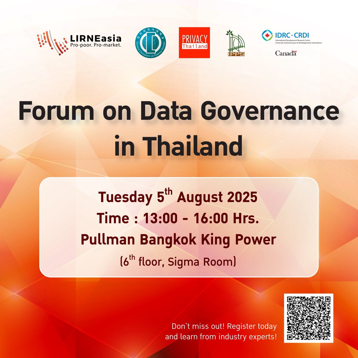 Join us in Bangkok for a Forum on Data Governance in #Thailand — a platform to exchange knowledge, experiences, and perspectives on shaping #DataGovernance, #DataPolicy, and #DataProtection in Thailand.

🗓️ Tuesday, 5 August 2025
🕐 13:00–16:00 (Registration from 12:30)
📍 Sigma