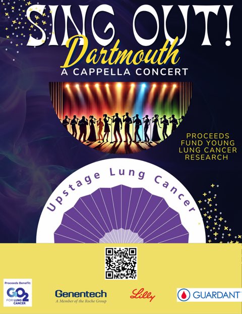 TONIGHT! Sing Out! Dartmouth in honor of World Lung Cancer Day, August 1. Tix are free with a welcomed donation. Proceed help fund Addario Lung Cancer Medical Institute's Epidemiology of Young Lung Cancer study. 🎟️: upstagelungcancer.org/performances

#lilly #Genentech
<a href="/GO2forLungCancr/">GO2 for Lung Cancer</a>