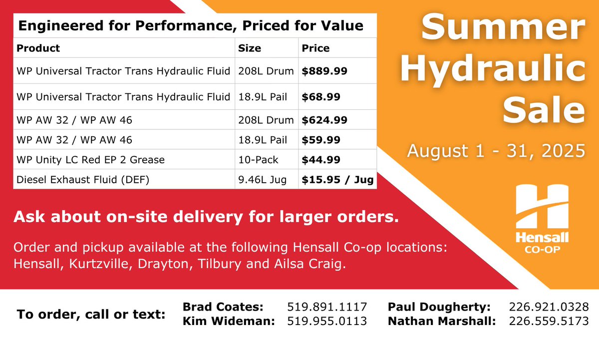Summer Savings Are Here! 

Hensall Co-op’s Summer Hydraulic Sale is on through August!  It’s the perfect time to stock up and save.

To place your order, contact a member of our Energy team today.

For details, visit: ow.ly/We8x50VLgLw

#HydraulicSale #HensallCoop #AgDeals