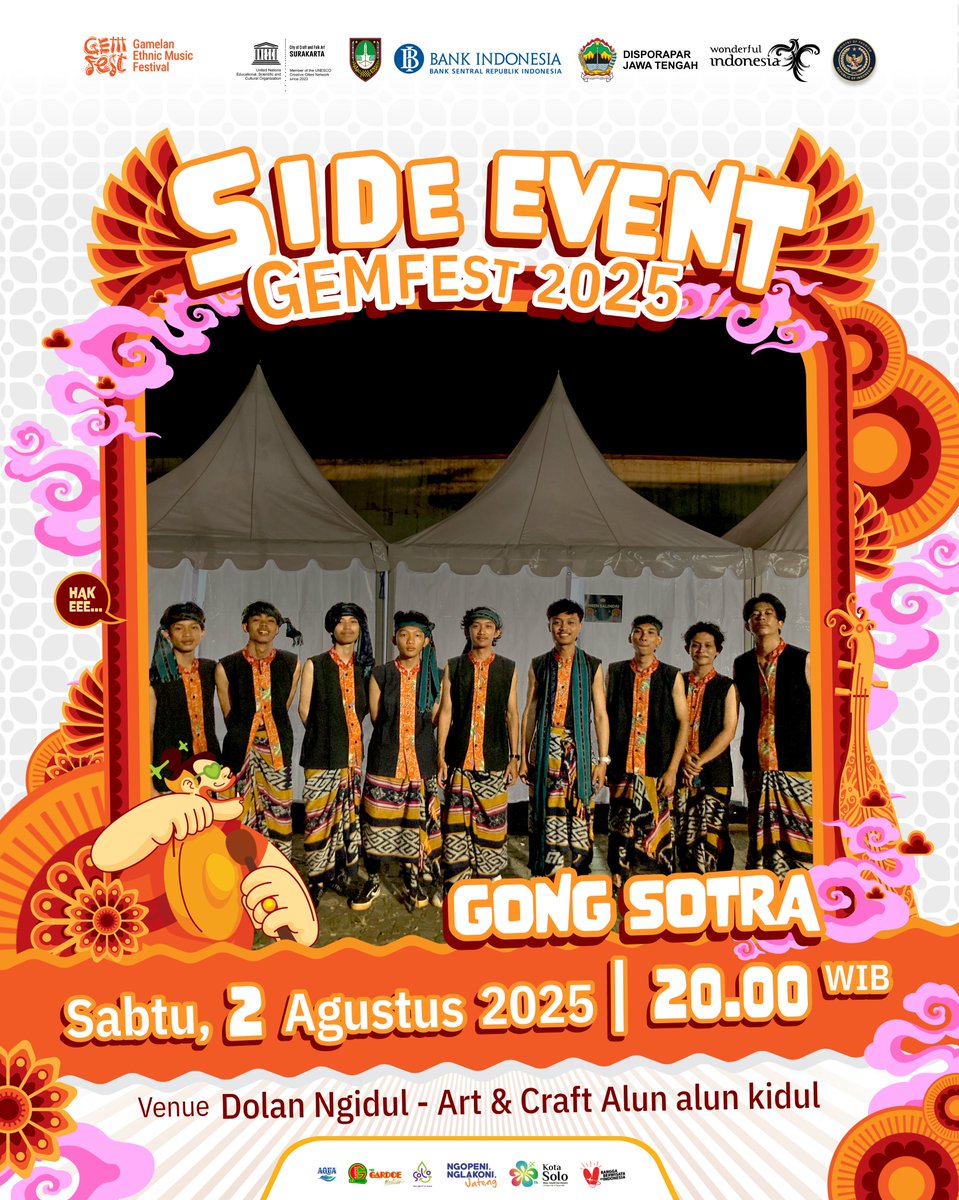 Halo #SobatWisata, wis siap durung?
Side event pisanan GEM Fest arep dikepyakke grup karawitan Gong Sotra. Syahdune swara karawitan bakal ngisi wengimu ro dhekne ing Dolan Ngidul 
📍 Dolan Ngidul - Art &amp; Craft, Alkid, Kota Solo
🗓 Sabtu, 2 Agustus 2025
🕗 20.00 WIB
Ojo lali teko