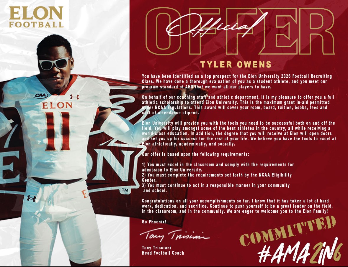 Tyler Owens (@tyler_owens1) on Twitter photo Blessed to receive my official offer from <a href="/ElonFootball/">Elon Football</a> 🔴⚪️
<a href="/TonyTrisciani/">Tony Trisciani</a> <a href="/CoachDBattle/">Dominique Battle</a> <a href="/CoachMAustin/">Milo Austin, M.S.</a> <a href="/AkeemDent/">DENT</a> Blessed to receive my official offer from <a href="/ElonFootball/">Elon Football</a> 🔴⚪️
<a href="/TonyTrisciani/">Tony Trisciani</a> <a href="/CoachDBattle/">Dominique Battle</a> <a href="/CoachMAustin/">Milo Austin, M.S.</a> <a href="/AkeemDent/">DENT</a>