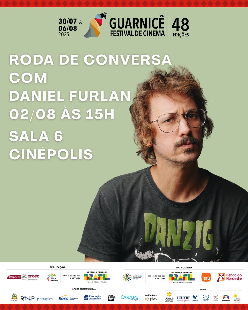 cineguarnice's tweet photo. 🎤 Amanhã tem Daniel Furlan no #Guarnicê48!

A partir das 15h, no Cinépolis São Luís Shopping, ele participa da roda de conversa “Humor e Democracia”.

Entrada gratuita https://t.co/gploCvckOr