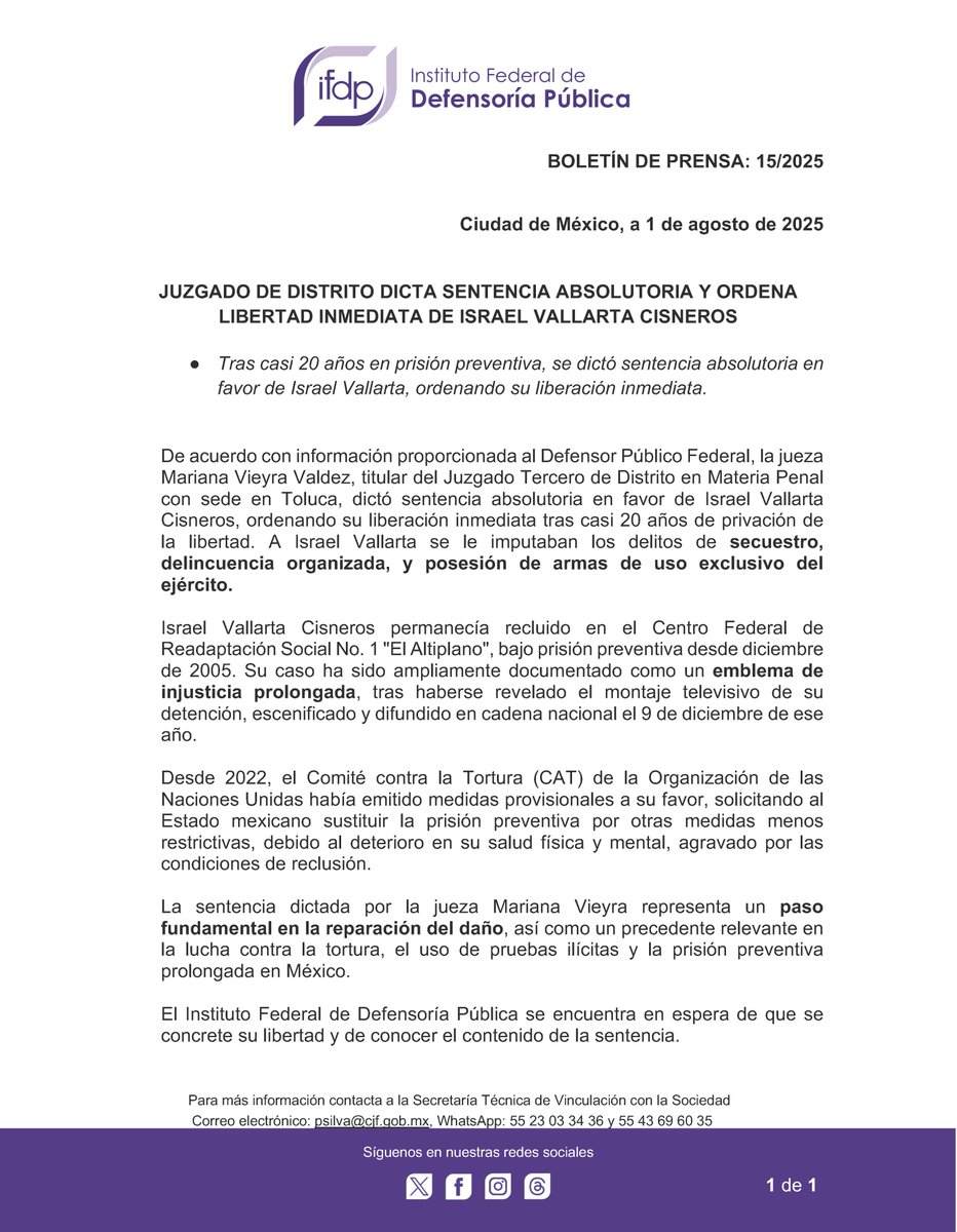 🟣 Juzgado de Distrito ha emitido sentencia absolutoria y ha ordenado la libertad inmediata de #IsraelVallarta.

Tras casi 20 años en prisión preventiva, desde el IFDP nos encontramos en espera de que se concrete su libertad.

#IFDP #SomosPJF #DefensaParaTi #IsraelVallarta