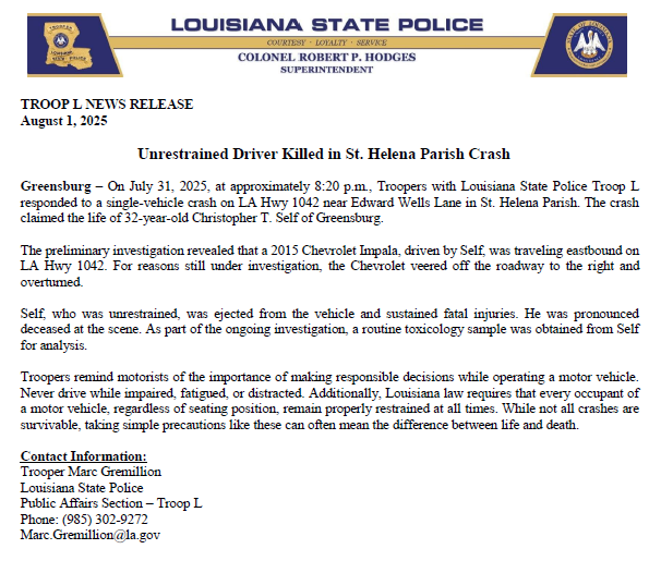 Unrestrained Driver Killed in St. Helena Parish Crash