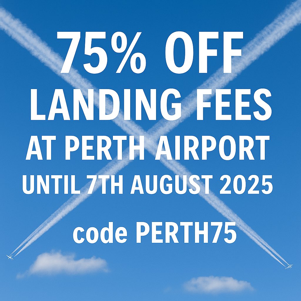 ACSAviation's tweet image. 75% Off Landing Fees at Perth Airport until 7th August 2025. Fly in with your small single engine aircraft and enjoy a discounted landing fee when you use code PERTH75. Online PPR only!