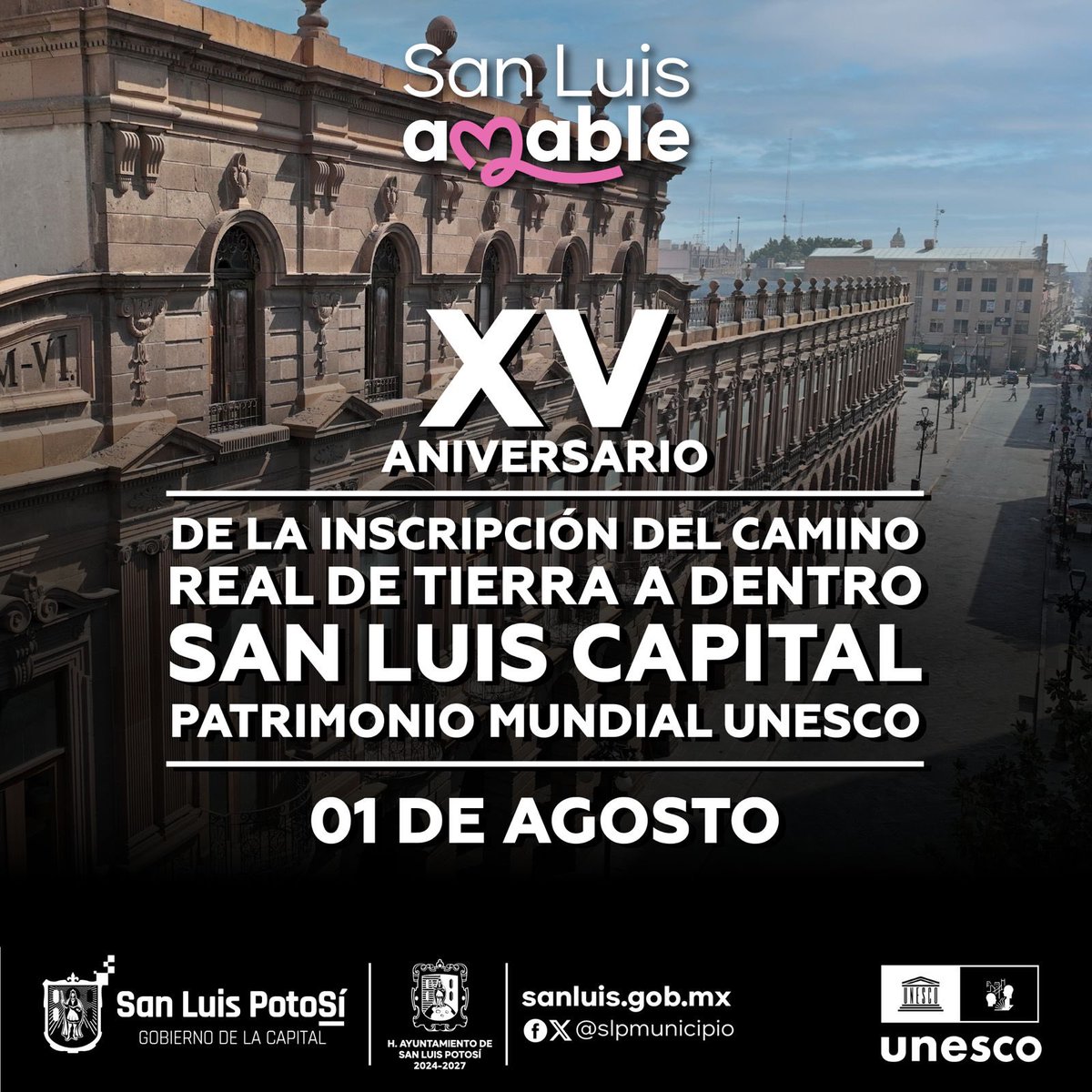 Hoy celebramos el XV aniversario de la inscripción de #SanLuisCapital en la lista del Patrimonio Mundial de la <a href="/UNESCO/">UNESCO 🏛️ #Education #Sciences #Culture 🇺🇳</a>, como parte del Camino Real de Tierra Adentro. 🏛️

Un reconocimiento que nos llena de orgullo y nos compromete a seguir preservando nuestro legado histórico,