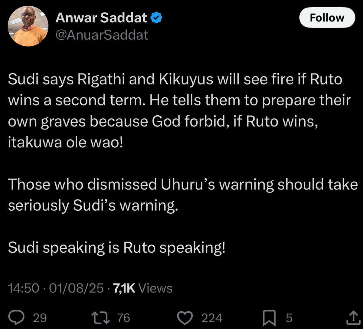 This should alarm us.

I told you of my nightmare about 2027 mkasema nirudi kwa morio hunidinya.

Sawa ,you hear sudi remarks ,fellow  kenyans we bookmark sudi remarks to be used for icc.

Ruto is speaking through sudi,blood bath,ruto atolewe saa hii!