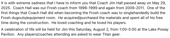 PHSBaseballLive's tweet image. Jim Hall, our freshman coach from '96-99 and '09-11 passed away on May 29th.  We will celebrate his life tomorrow (August 2) from 1-5pm at the Lake Poway pavilion. Players &amp;amp; coaches joining us are asked to wear colors
(h/t Deb!)