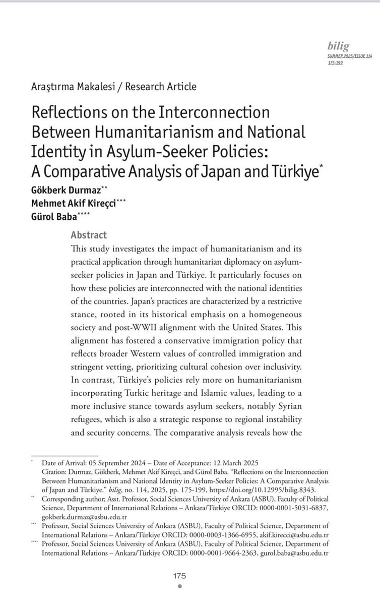 📢 New SSCI (Q3) Publication!

<a href="/drgokberkdurmaz/">Dr. Gökberk Durmaz</a> <a href="/AkifKirecci/">M. Akif Kireçci</a> and <a href="/gurol_baba/">Gurol Baba</a> co-authored an article in <a href="/biligdergisi/">bilig - Türk Dünyası Sosyal Bilimler Dergisi</a>. 

📄Reflections on the Interconnection Between Humanitarianism and National Identity in Asylum-Seeker Policies: A Comparative Analysis of Japan and Türkiye