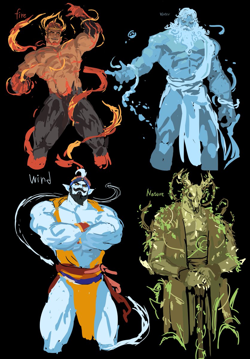 Today's work on Druid of Hungwood: I worked on concept designs for elemental spirits that will appear as enemies