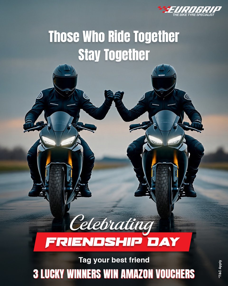 TVSEurogrip's tweet photo. Here’s to the miles, memories & your ride-together-forever buddy!
Tag your best friend & share your favourite ride memory for a chance to win Amazon vouchers. Let’s celebrate friendship on the road!
#EurogripTyres #FriendshipDay #EnjoyEveryTurn https://t.co/fZo9fO4VJz