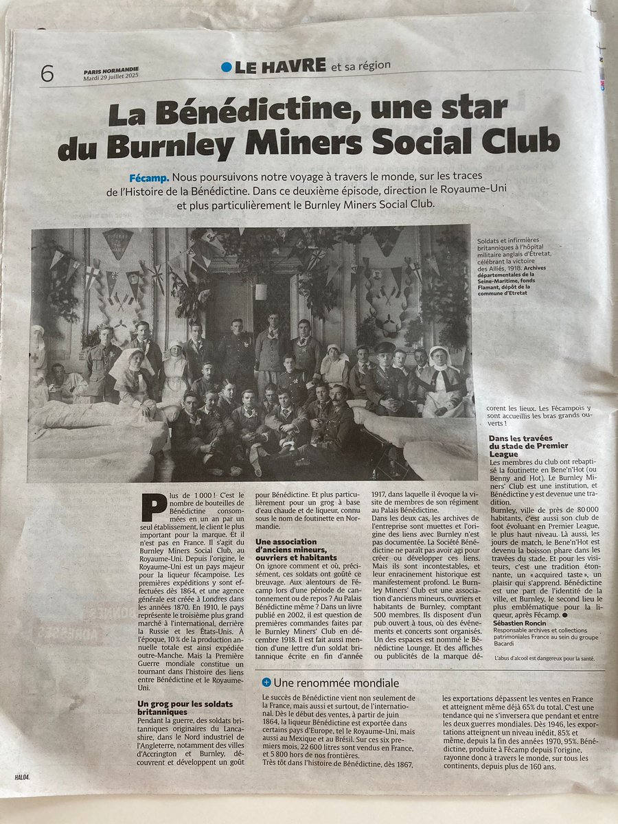 Burnley and our history with Benedictine has made a lovely story in the paper here in Normandy 😍 #benedictine #fecamp #Burnley #twitterclarets #benenhot #burnleyminers