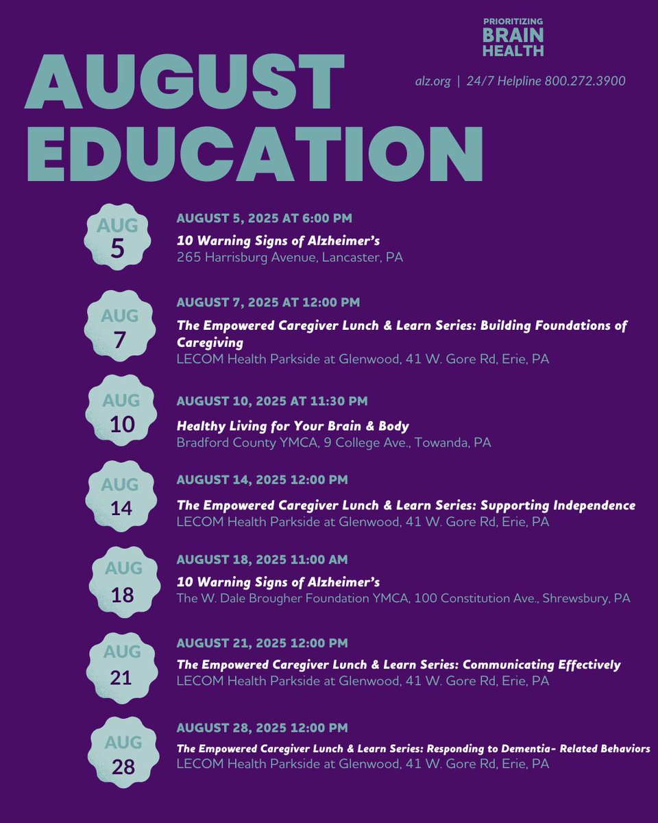 🧠 This August, empower yourself with knowledge! From the 10 Warning Signs of Alzheimer’s to our Empowered Caregiver series, we’re offering free education programs across Pennsylvania—from Erie to Lancaster.

 📅 Register today: tinyurl.com/3rhw7uae