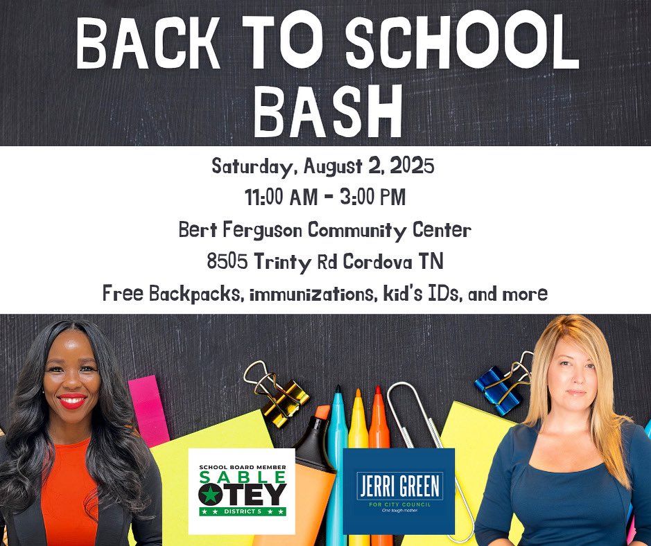 📢Join us TOMORROW! School Board Commmisioner Sable Otey and I are teaming up for a #BackToSchool Bash! 📚✂️✏️ Stop by the Bert Ferguson Community Center for backpack and school supply giveaways, immunizations, kids IDs, and more! 🚌 Let’s get ready to return to school and make