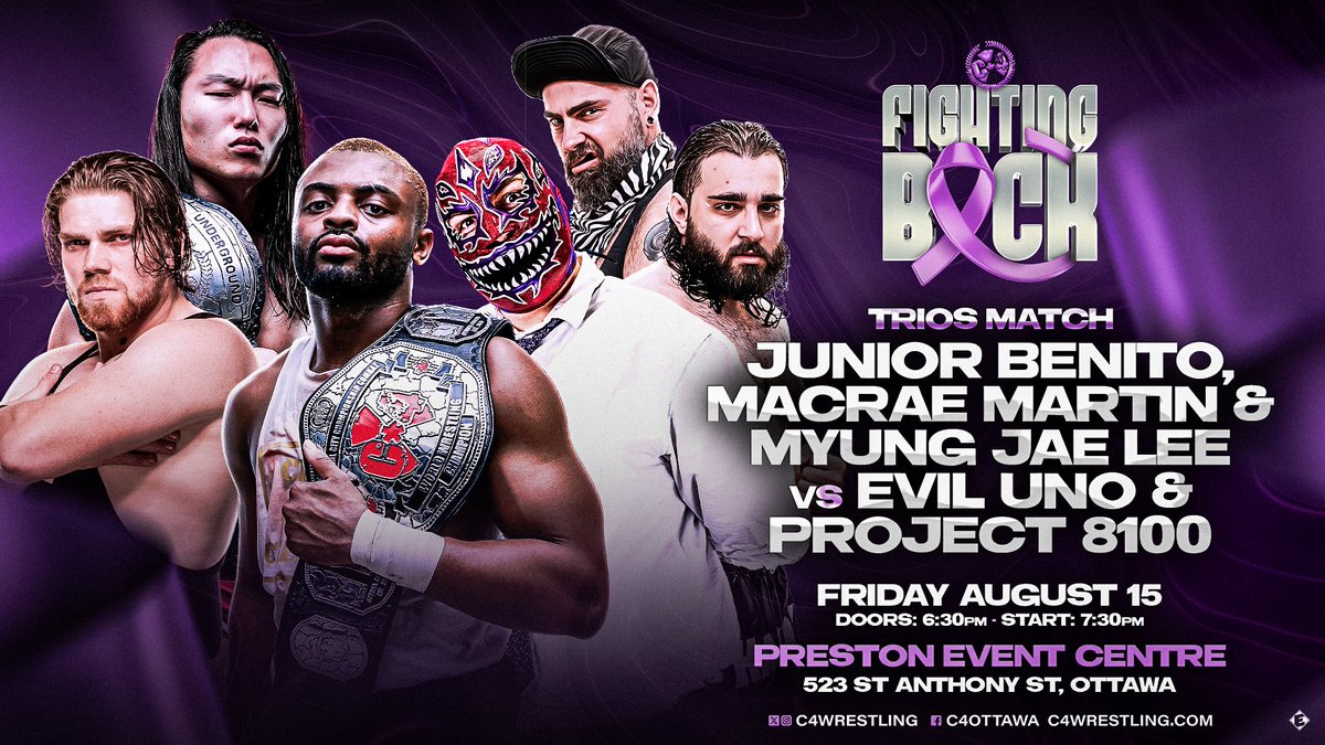 Two weeks from today!  Our first match announcement. An all-Champions Main Event Trios match is set!   <a href="/EvilUno/">EVIL UNO of DARK ORDER 🇨🇦</a> has recruited back-up from The Keep, to face off with <a href="/FreshAirJBMM/">Fresh Air</a> &amp; <a href="/MyungJae98/">Myung-jae Lee</a>!

Get your tickets TODAY!
FightingBack2025.eventbrite.ca
<a href="/VertigoOttawa/">Vertigo Records</a> 
<a href="/OddsSodsShoppe/">TheODDs&SODsShoppe</a>