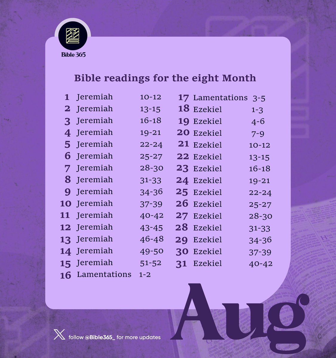 Reading the BIBLE in one year!  

Join us as we kick off our August reading schedule.  

Follow <a href="/Bible365_/">Bible 365</a> and turn on notifications to stay on track.