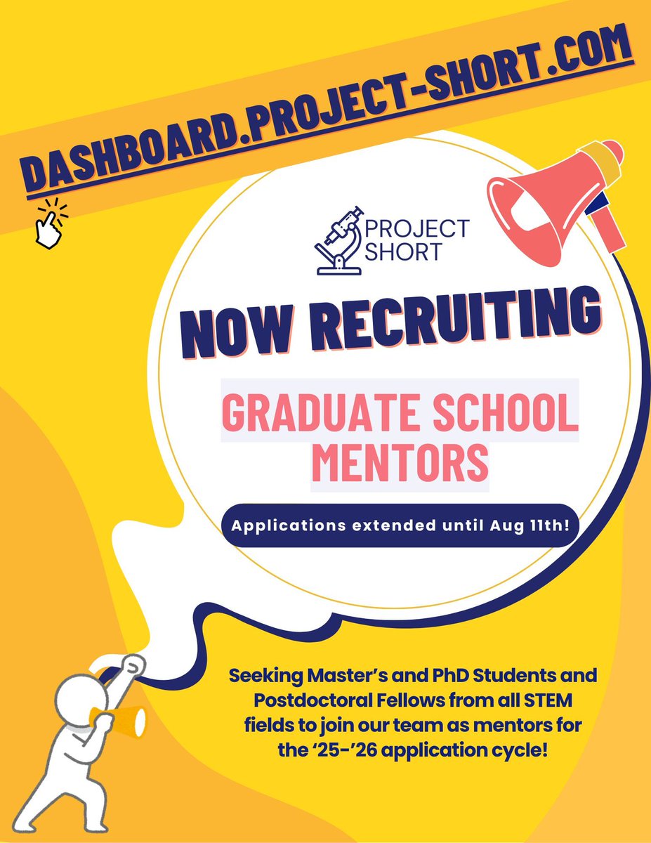 Project SHORT (@projectshort) on Twitter photo DEADLINE EXTENDED!!
Grad school mentor applications are now open until August 11th! Mentors from all STEM fields are welcome to apply!
✨ APPLY HERE: dashboard.project-short.com ✨
Questions? Email us: contact@project-short.com
#gradschool #phd #gradadmissions DEADLINE EXTENDED!!
Grad school mentor applications are now open until August 11th! Mentors from all STEM fields are welcome to apply!
✨ APPLY HERE: dashboard.project-short.com ✨
Questions? Email us: contact@project-short.com
#gradschool #phd #gradadmissions