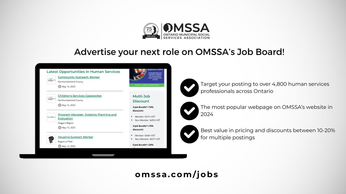 Advertise your open job with OMSSA! In addition to being featured on our job board, each posting is sent to more than 4,800 human services professionals across Ontario weekly. Bundle packages allow discounted rates for multiple job postings. Learn more: ow.ly/NF3w50Wh1wV