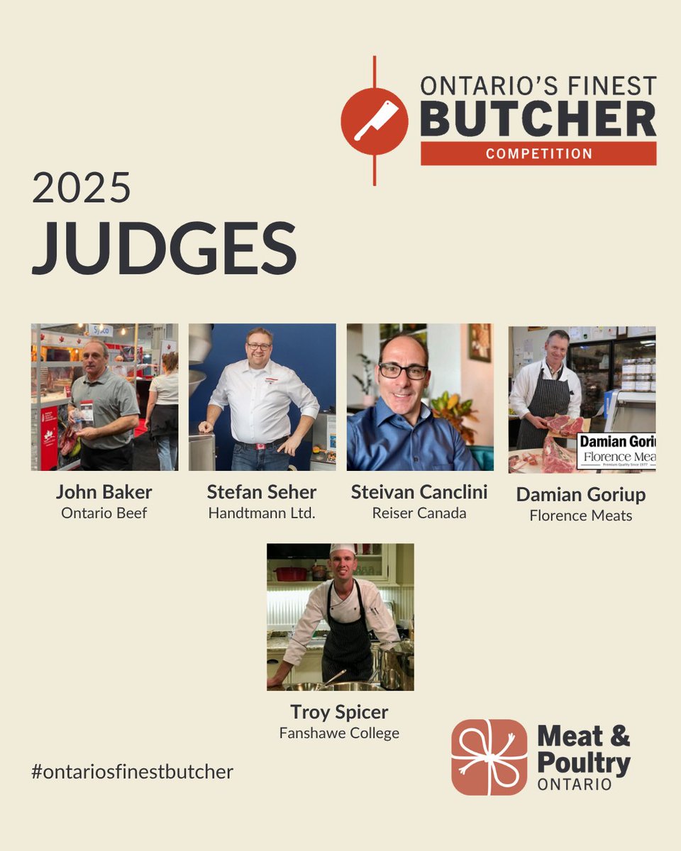 Meet our judges for #OntariosFinestBucher Competition

👨🏼‍⚖️ John Baker - Ontario Beef
👨🏼‍⚖️ Stefan Seher - Handtmann Ltd.
👨🏼‍⚖️ Steivan Canclini - Reiser Canada
👨🏼‍⚖️Damian Goriup - Florence Meats​⁠
👨🏼‍⚖️ Troy Spicer - Fanshawe College (Finals)

Register:
🔗 shorturl.at/46kfM

#Judges