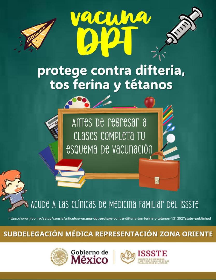 IsssteZOriente's tweet image. 💉 ¡Vacuna a tus hijos e hijas contra la difteria, tos ferina y tétanos! Este regreso a clases 📝, no olvides completar tus esquemas de vacunación, es importante vacunar a tus hijos contra #DPT. 💉🦠 Acude a tu Clínica de Medicina Familiar el servicio es gratuito #PVU
#vacúate