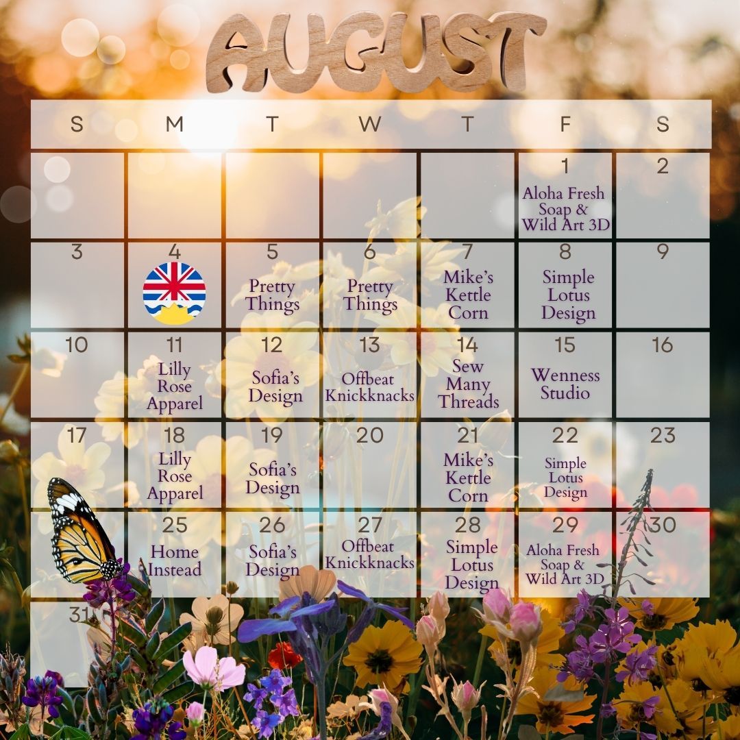 The August Marketplace calendar is now up!

#mapleridge #pittmeadows#jewelry #clothing #prettythings #sofiasdesign #homeinstead #simplelotusdesign #tupperware #offbeatknickknacks #shoplocal #marketplace #mikeskettlecorn #lillyroseapparel #sewmanythreads