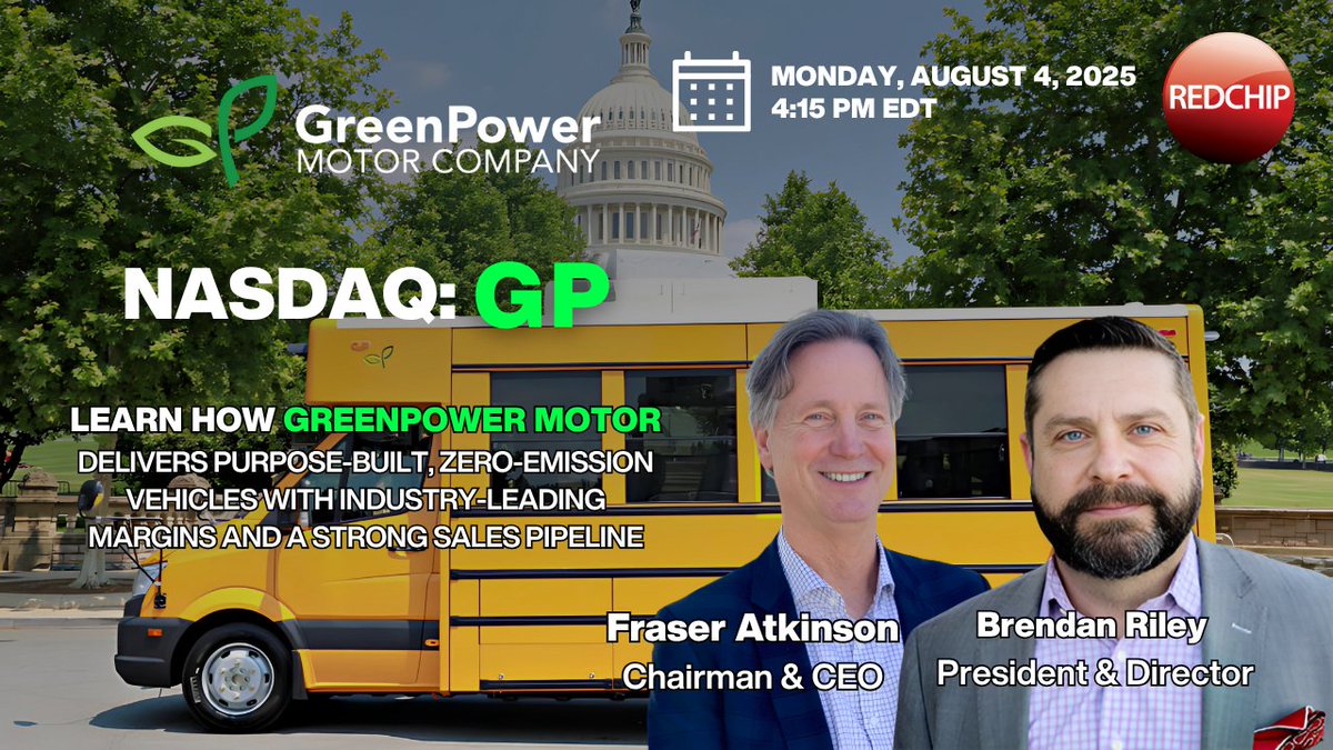 RedChip (@redchip) on Twitter photo 📢 Final Reminder Before the Weekend!
Join the <a href="/GreenPowerBus/">GreenPower Motor Company</a> $GP investor webinar this Monday at 4:15 PM ET.
With an expanding order pipeline and unique positioning in the commercial EV space, this session offers valuable insight into $GP's 2025 plans and beyond!
Hear from 📢 Final Reminder Before the Weekend!
Join the <a href="/GreenPowerBus/">GreenPower Motor Company</a> $GP investor webinar this Monday at 4:15 PM ET.
With an expanding order pipeline and unique positioning in the commercial EV space, this session offers valuable insight into $GP's 2025 plans and beyond!
Hear from