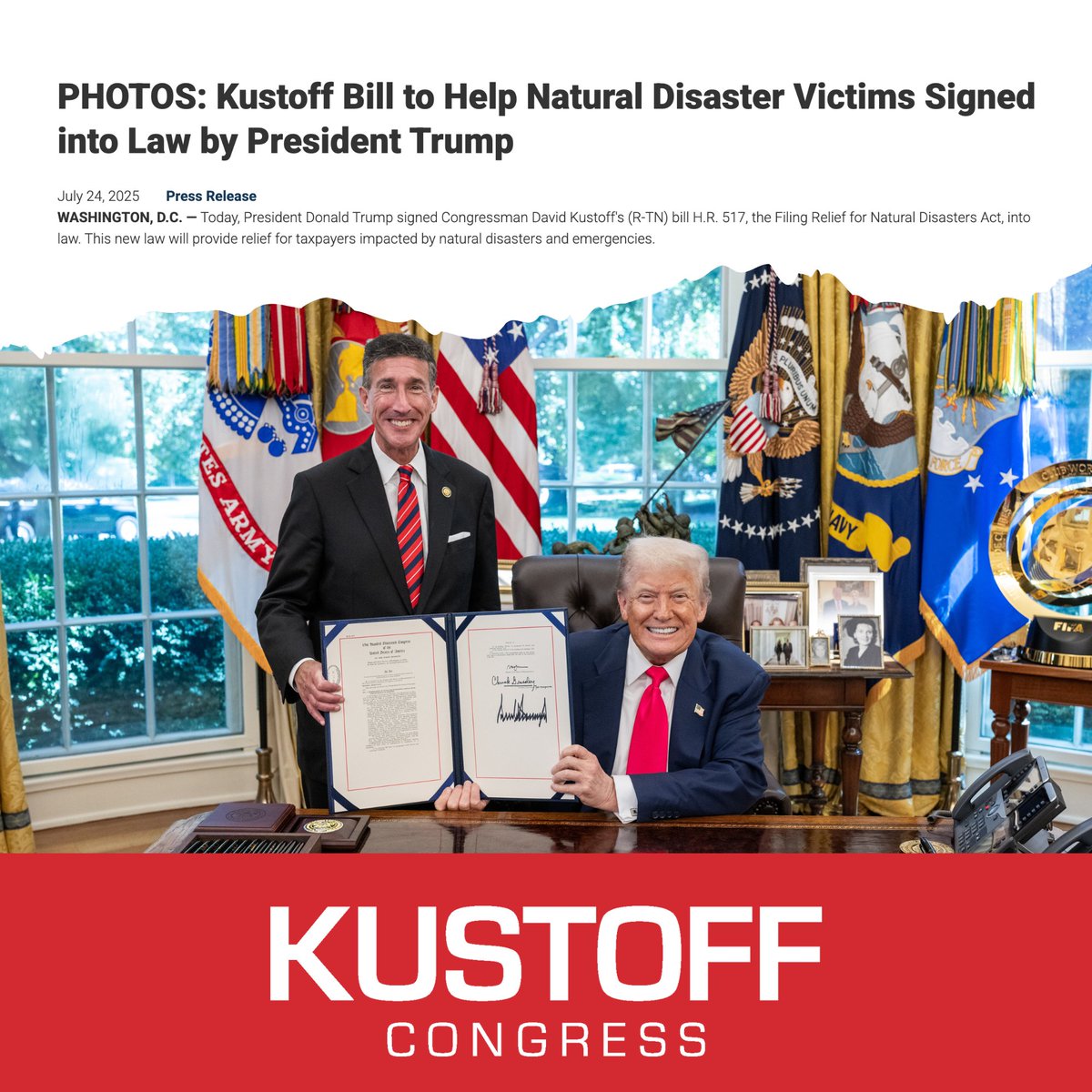 American citizens and businesses hit by natural disasters deserve time to recover and rebuild. 

My bill, the Filing Relief for Natural Disasters Act, is now the law of the land. This legislation allows the Department of Treasury to postpone tax filing deadlines for individuals