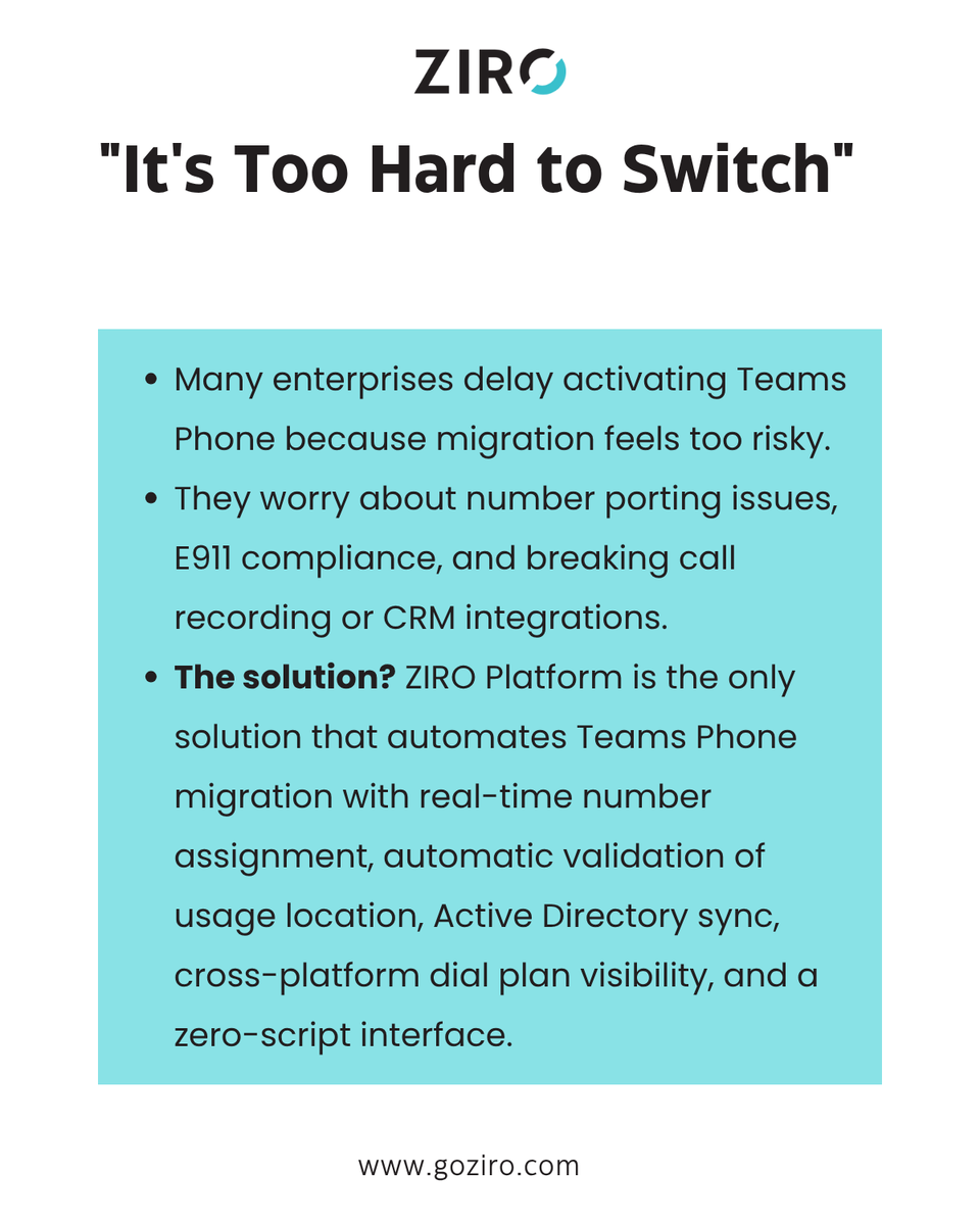 ZIROhassle's tweet photo. Still paying for Cisco, Zoom, or Avaya while #TeamsPhone gathers dust in your #E5 license? 
See how to fix it and save: https://t.co/hZFnz8MaiJ 

#UCaaS #MicrosoftTeams #TeamsPhone #E5Savings #UCAAS #DigitalTransformation #VoiceMigration https://t.co/qmex0box8m