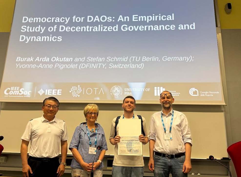 Stefan Schmid (@schmiste_ch) on Twitter photo Democracy for decentralized autonomous organizations (DAOs)? Congratulations to our student Burak Arda Okutan <a href="/TUBerlin/">TU Berlin</a> for winning the Best Student Paper award at IEEE ICBC 2025. Link: arxiv.org/abs/2507.20234 <a href="/yapignolet/">yvonne-anne pignolet</a> Case Study: <a href="/dfinity/">DFINITY Foundation</a> #ICP Democracy for decentralized autonomous organizations (DAOs)? Congratulations to our student Burak Arda Okutan <a href="/TUBerlin/">TU Berlin</a> for winning the Best Student Paper award at IEEE ICBC 2025. Link: arxiv.org/abs/2507.20234 <a href="/yapignolet/">yvonne-anne pignolet</a> Case Study: <a href="/dfinity/">DFINITY Foundation</a> #ICP