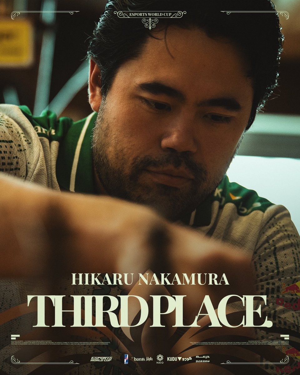 FalconsEsport's tweet image. Incredible finish! @GMHikaru takes 3rd place at EWC. Thank you all for the amazing support 

أداء رائع من لاعبنا @GMHikaru ينهي به مشواره بالمركز الثالث في بطولة الشطرنج! 🥉♟️

— شكرًا لدعمكم والقادم أفضل إن شاء الله 💚🦅

#FalconsAreHere - #EWC2025