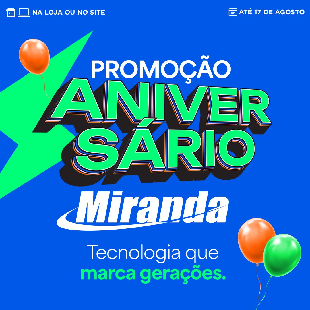 🕹️🖥️ Se você já precisou soprar fita de videogame ou esperar a Internet discada conectar, a Miranda tava lá com você! São 38 anos marcando gerações com tecnologia, inovação e confiança. Venha celebrar com a gente a promoção Aniversário Miranda e aproveitar muitas promoções!