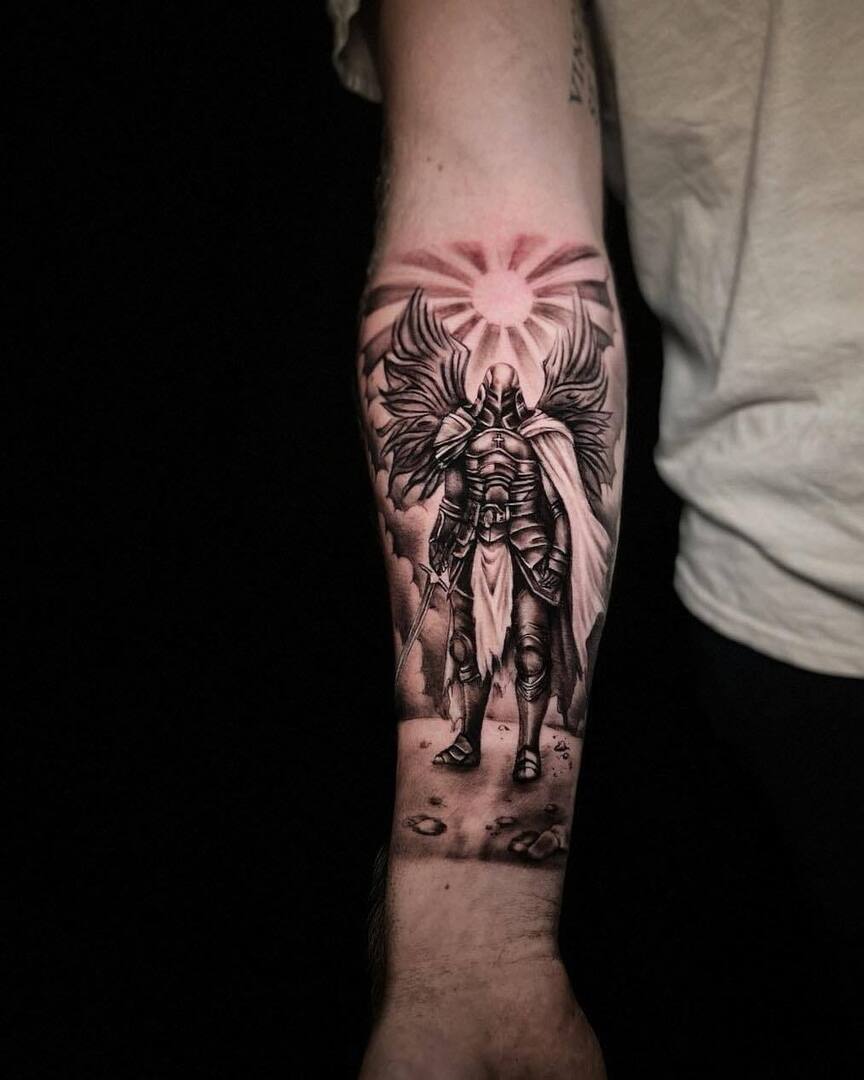 Repost from American Tattoo Society of Jacksonville (@atsjacksonville on  IG) • Black and grey warrior angel done by Roni!! (@ronicarlotattoo) ⚔️🖤  Detailed, bold, and powerful, this piece captures strength and protection  through, image size:864x1080