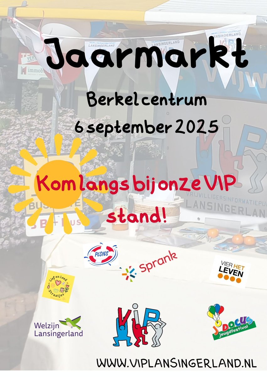 6 september 2025- Jaarmarkt centrum Berkel en Rodenrijs

VIP Lansingerland staat er samen met de onderstaande organisaties:

Sprank
Vier het Leven
Lief en Leed straatjes
Welzijn Lansingerland
Stichting Plons
Judocus Jeugd festival

Kom langs en vind een mooie plek!