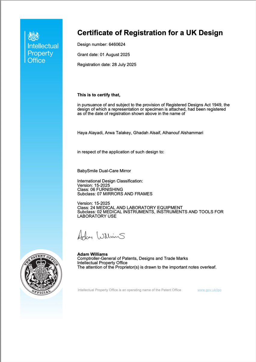 الحمدلله تم بفضل الله وتوفيقه تحقيق إنجاز علمي جديد بحصولنا على براءة اختراع من مكتب الملكيةالفكريةالبريطانية ✨

لأداة تستخدم للكشف على أسنان الأطفال المواليد ورعايتها
BabySmile Dual-Care Mirror