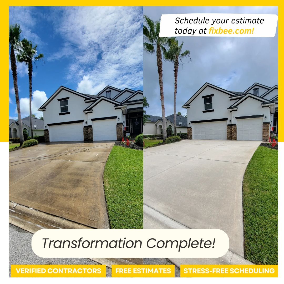 FixBeePro's tweet image. Post: “Power Washing season is here! 🧽 Schedule yours today and let your driveway shine!”
Visual: Before &amp;amp; after of driveway power wash.
Hashtags: #FixBeeServices #PowerWashing