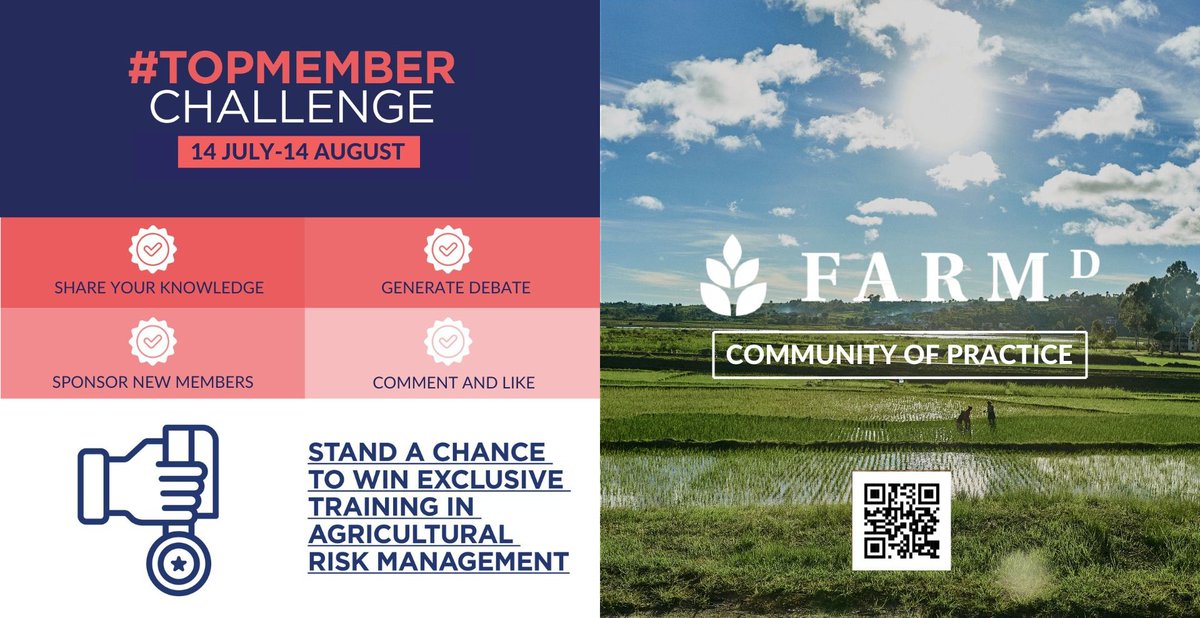 Seize the chance to win a fully funded training in #AgriRisk management by:

📲 Registering here: cop.farm-d.org
💬 Sharing your thoughts on #AgriRisk topics.
 👍 Liking &amp; commenting.
 📢 Posting your updates as practitioners.
 👥 Bringing your network onboard.

The