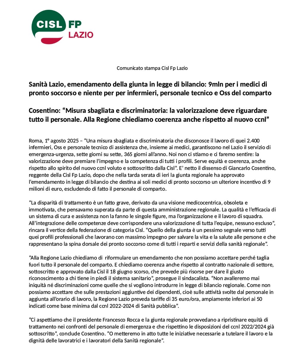 Cisl FP LAZIO (@cisl_fplazio) on Twitter photo #Sanitร #Lazio, emendamento <a href="/RegioneLazio/">Regione Lazio</a>: 9mln per medici di #ProntoSoccorso e niente per #infermieri, #tecnici e #Oss
<a href="/cosentinogianca/">Giancarlo Cosentino</a>: โMisura discriminatoria: la #valorizzazione deve riguardare tutto il personale. Serve coerenza anche rispetto al #ccnlโ
#ilmiolavorovale #Sanitร #Lazio, emendamento <a href="/RegioneLazio/">Regione Lazio</a>: 9mln per medici di #ProntoSoccorso e niente per #infermieri, #tecnici e #Oss
<a href="/cosentinogianca/">Giancarlo Cosentino</a>: โMisura discriminatoria: la #valorizzazione deve riguardare tutto il personale. Serve coerenza anche rispetto al #ccnlโ
#ilmiolavorovale