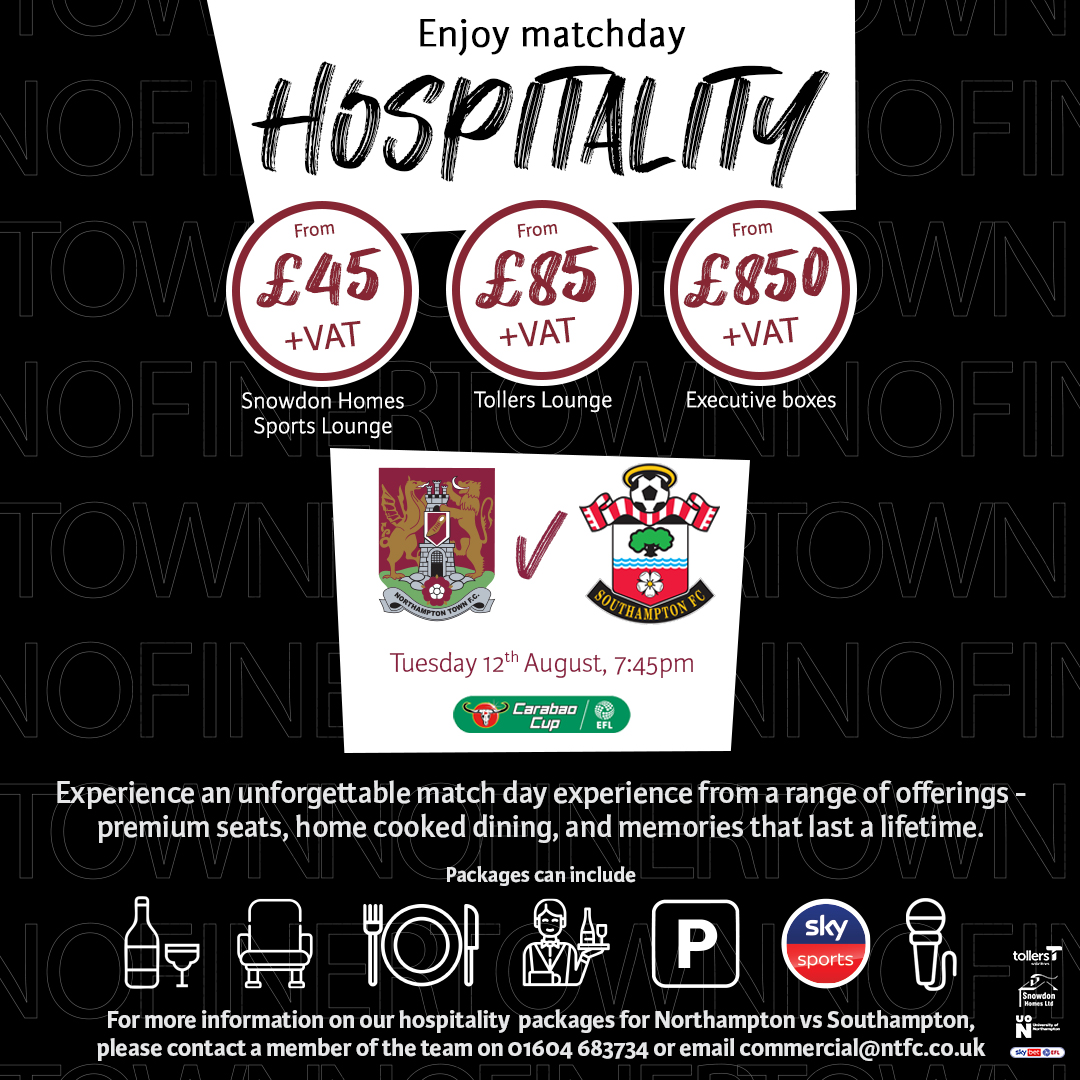 NTFC Commercial (@ntfccommercial) on Twitter photo 🍽️ Unforgettable matchdays start here. We’ve got hospitality options for everyone.
🎟️ We have limited availability for <a href="/ntfc/">Northampton Town</a> v Southampton FC on Tues 12th Aug, 7:45pm.
🤩 Don’t just watch the game - experience it. Great food, great fun & great memories! Book today!
#ShoeArmy👞 🍽️ Unforgettable matchdays start here. We’ve got hospitality options for everyone.
🎟️ We have limited availability for <a href="/ntfc/">Northampton Town</a> v Southampton FC on Tues 12th Aug, 7:45pm.
🤩 Don’t just watch the game - experience it. Great food, great fun & great memories! Book today!
#ShoeArmy👞