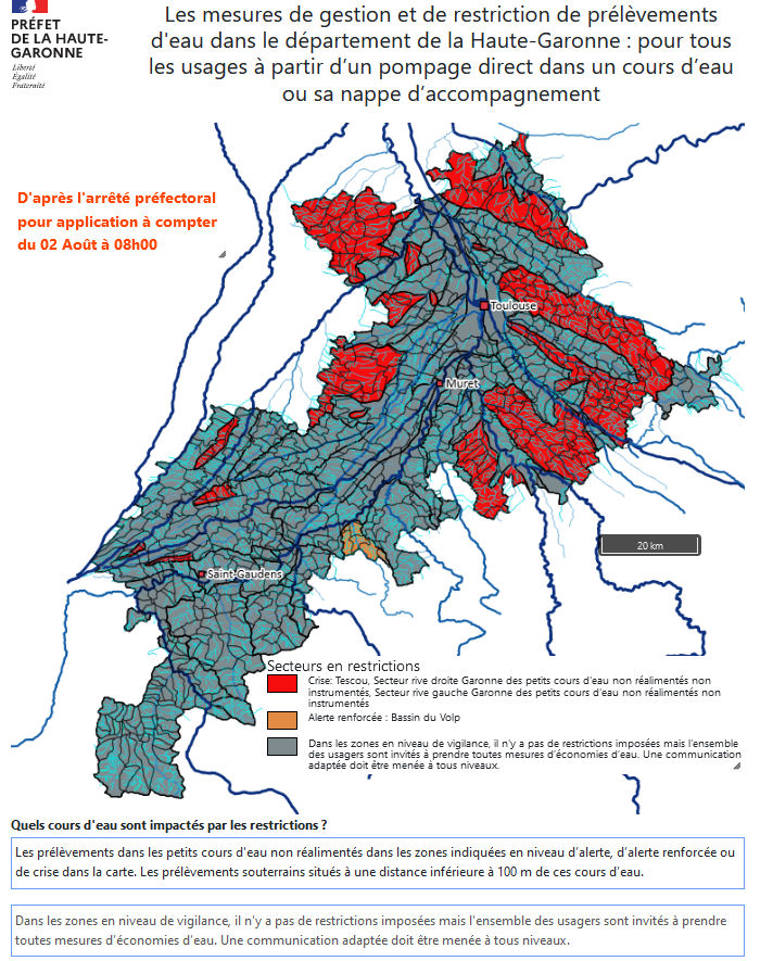 #Sécheresse 💧Restrictions des usages de l’eau : renforcement des mesures en #HauteGaronne à compter du 2 août à partir de 8h.

🔴Maintien en niveau "crise" pour plusieurs cours d'eau du département.
🟠Passage en "alerte renforcée" pour le Volp et ses affluents.
🟢Une vigilance