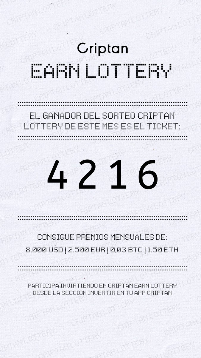 🎟️ Ya tenemos el número ganador del mes de Julio en Earn Lottery.

Echa un vistazo al histórico de números ganadores 👇

criptan.com/earn-lottery/