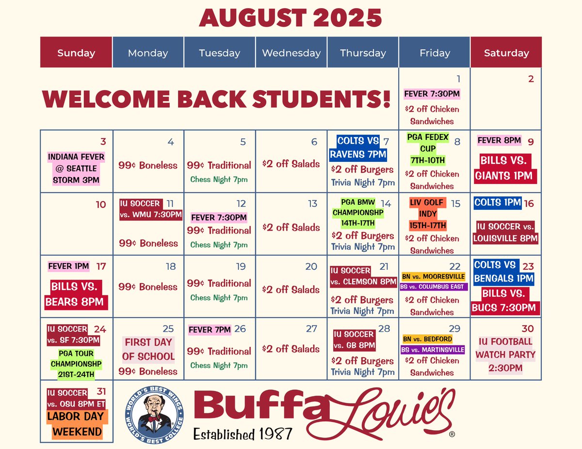HAPPY AUGUST 🍁 

We’ve got a jam-packed month ahead at BuffaLouie’s Bloomington! Stop by to check out our weekly specials, play some Chess &amp; Trivia, watch a game with a friend, and most importantly have an amazing time! 

See you all soon! 🎉🍗 

#BuffaLouies #Bloomington