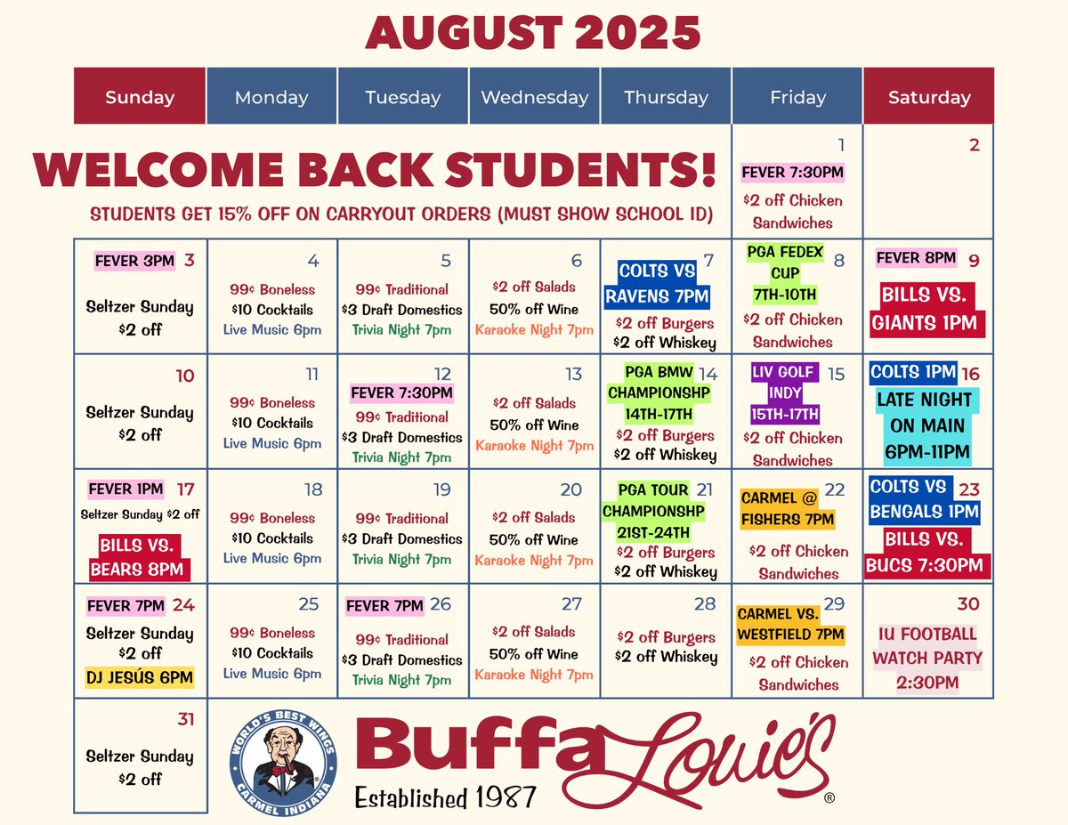 HAPPY AUGUST 🍁 

We’ve got a jam-packed month ahead at BuffaLouie’s Carmel! Stop by to check out our weekly specials, Live Music, Trivia Tuesday, Karaoke, watch a game with a friend, and most importantly have an amazing time! 

See you all soon! 🎉🍗 

#BuffaLouies #Carmel