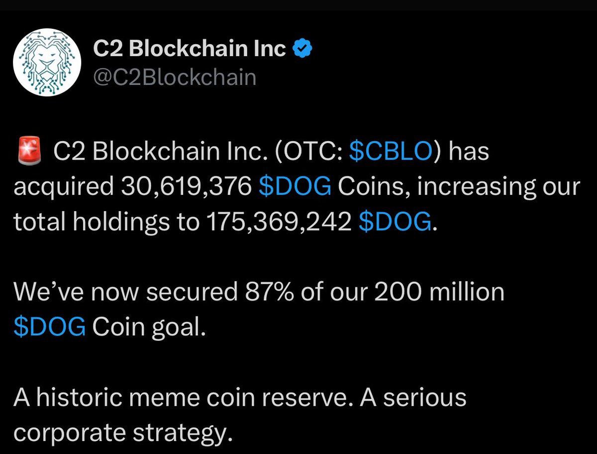 Vincent (Cryptolution) 👑 (@cryptolution101) on Twitter photo 🚨JUST IN: <a href="/C2Blockchain/">C2 Blockchain Inc</a> acquires additional 30,619,376 $DOG with a total treasury holding of 175,369,242 $DOG. 🚨JUST IN: <a href="/C2Blockchain/">C2 Blockchain Inc</a> acquires additional 30,619,376 $DOG with a total treasury holding of 175,369,242 $DOG.