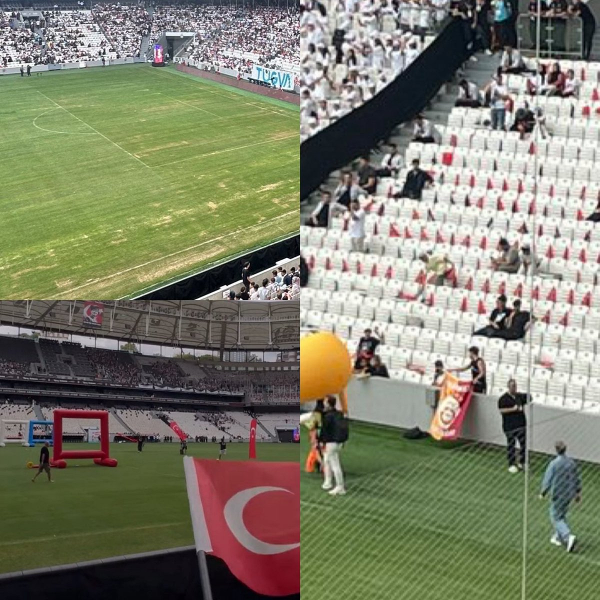 Ligin başlamasına 1 hafta kalmış! 
Tügva gibi manasız bir etkinlik yapılıyor.
 Çimlerin durumu perişan! 
üstüne standlar kuruluyor.
 ve gs bayarağı açılıyor… 
bu rezalet asla kabul edilemez!