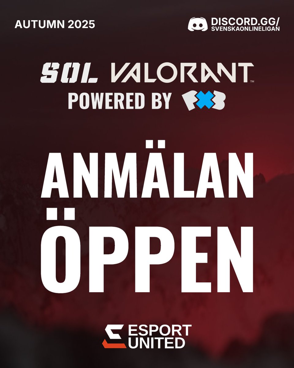 Svenska Onlineligan (@onlineligan) on Twitter photo 📢 ANMÄLAN ÖPPEN
🔴 SOL VALORANT AUTUMN '25
👇 Anmäl er via vår Discord!
🔗 Discord.gg/svenskaonlinel…
⏳ Anmälan stänger: 27 Augusti
| <a href="/VALORANTukn/">VALORANT // UK, IE & Nordics</a> | <a href="/valleague_ne/">Samsung Odyssey Challengers NORTH//EAST</a> 📢 ANMÄLAN ÖPPEN
🔴 SOL VALORANT AUTUMN '25
👇 Anmäl er via vår Discord!
🔗 Discord.gg/svenskaonlinel…
⏳ Anmälan stänger: 27 Augusti
| <a href="/VALORANTukn/">VALORANT // UK, IE & Nordics</a> | <a href="/valleague_ne/">Samsung Odyssey Challengers NORTH//EAST</a>