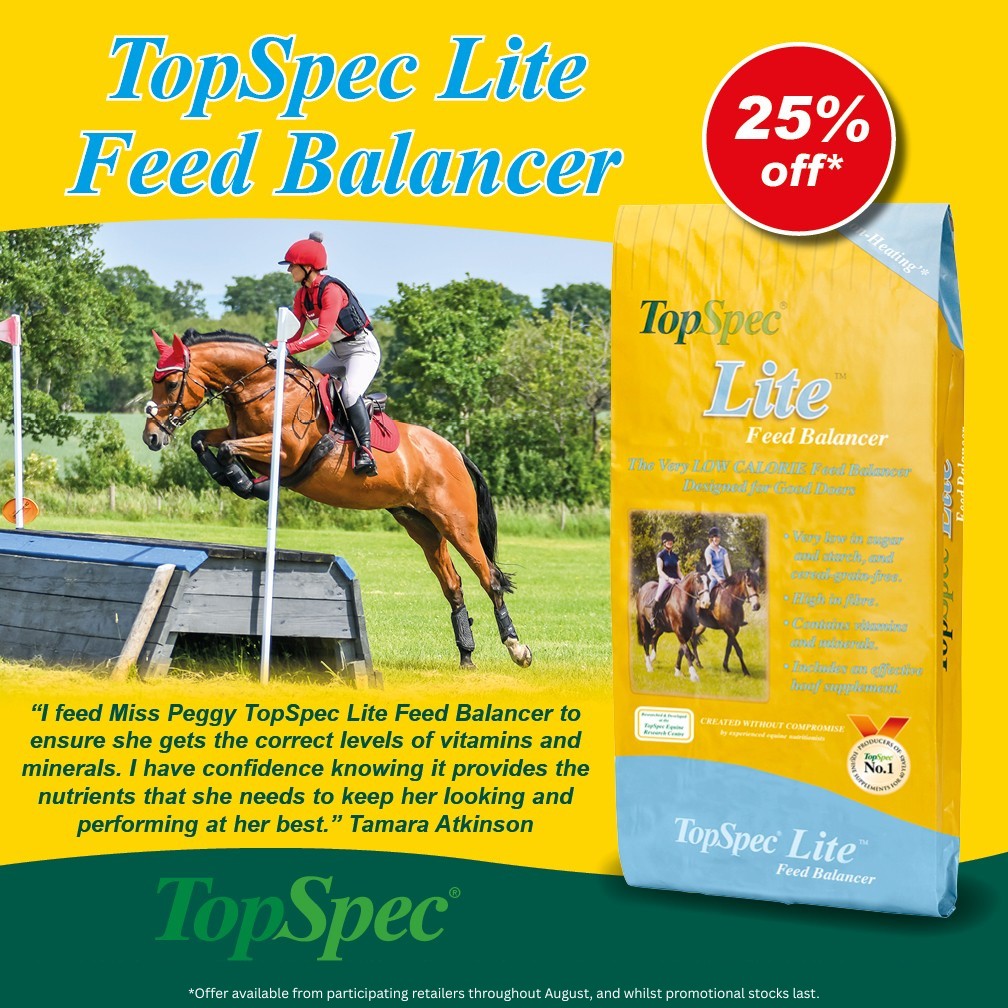 🎉𝗔𝘂𝗴𝘂𝘀𝘁 𝗢𝗳𝗳𝗲𝗿 𝗔𝗹𝗲𝗿𝘁!🎉
TopSpec Lite Feed Balancer is designed for horses and ponies that are good-doers in light to medium work.
*Offer available from participating retailers throughout August, and whilst promotional stocks last.