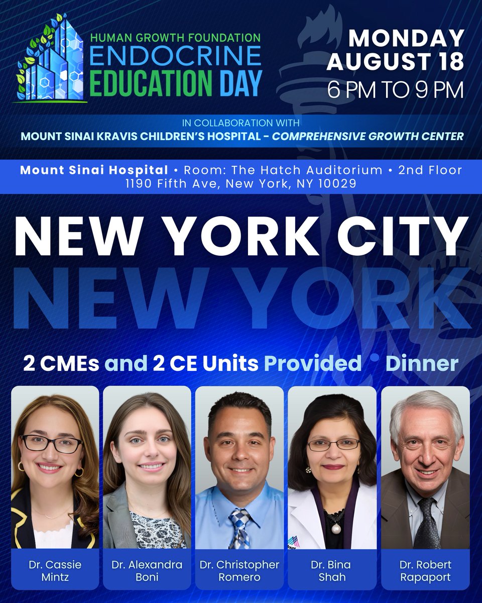 Human Growth Foundation (@humangrowth_fnd) on Twitter photo A new HGF Pediatric Endocrine Education Day is coming to New York this August📍#CE and #CMECredits included! ✅
🤝 With <a href="/MountSinaiNYC/">Mount Sinai Health System</a>
Register: hgfound.org/events
📅 August 18
⏰ 6:00 PM - 9:00 PM
🏨 Mount Sinai Hospital
📍Room: The Hatch Auditorium
#MedicalConference A new HGF Pediatric Endocrine Education Day is coming to New York this August📍#CE and #CMECredits included! ✅
🤝 With <a href="/MountSinaiNYC/">Mount Sinai Health System</a>
Register: hgfound.org/events
📅 August 18
⏰ 6:00 PM - 9:00 PM
🏨 Mount Sinai Hospital
📍Room: The Hatch Auditorium
#MedicalConference